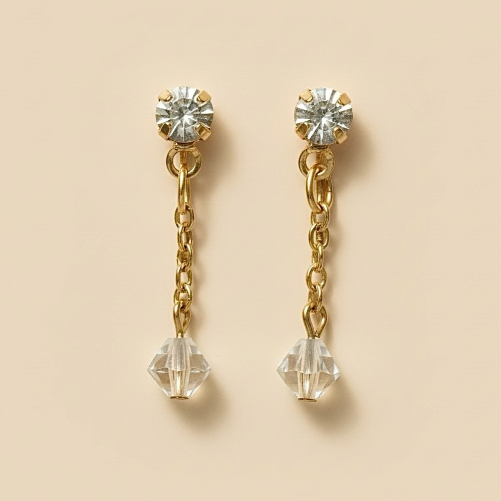 Vintage Rhinestone Drop Clip On Dangle Earrings Gold Chain Crystal Earrings